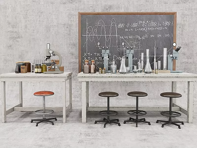 Science Laboratory Workspace With Blackboard Lab Equipment Tables And Stools 3d model