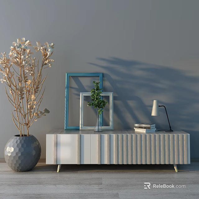 Modern TV Stand Featuring Striped Design with Picture Frames Potted Plant Lamp and Books 3d model 