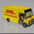 Yellow DHL Delivery Truck Model With Red Logo And Open Door Design