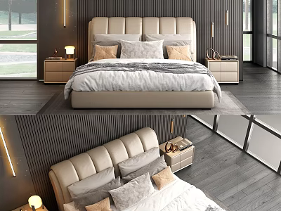 Modern Double Bed Interior With Beige Headboard Pillows Nightstands Table Lamps And Wall Paneling 3d model