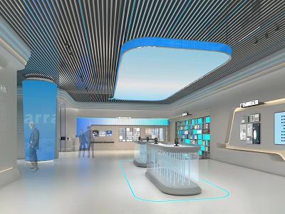 Modern Exhibition Hall Interior With Blue Accents Ceiling Lines Floor Lines And Display Stands 3d model