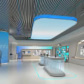Modern Exhibition Hall Interior With Blue Accents Ceiling Lines Floor Lines And Display Stands