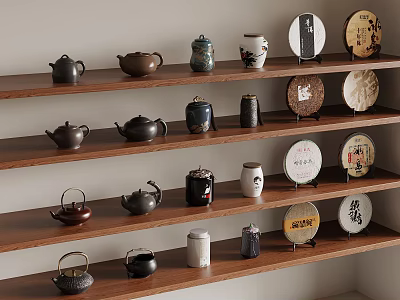 Traditional Tea Sets Display on Wooden Shelves with Ceramic Teapots and Plates 3d model