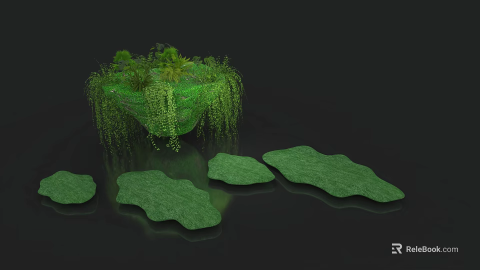 Green Floral Installation With Suspended Island Hanging Vines And Leaf Shaped Platforms 3d model 