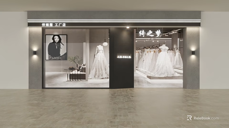 Bridal Storefront Display With Wedding Dresses Mannequins And Elegant Lighting 3d model 