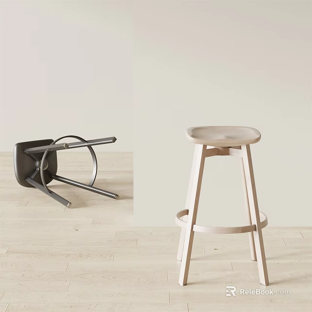 Modern Bar Stools With Light Wood And Black Metal Frame Design Details 3d model 