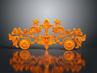 Ornate Orange Decorative Carving Sculpture With Floral Motifs Scroll Designs And Reflection On Black Surface 3d model