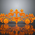 Ornate Orange Decorative Carving Sculpture With Floral Motifs Scroll Designs And Reflection On Black Surface