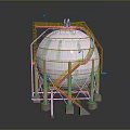 Industrial Storage Tank With Silver Metallic Surface And Red Yellow Staircase Platform