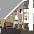 Wooden Decorative Cabinet In Attic Room With Books Vases And Cozy Chair
