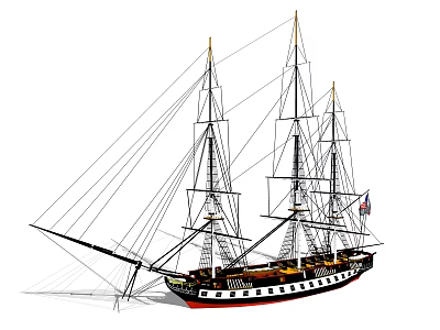 Three Masted Sailing Ship With American Flag And Classic Design 3d model