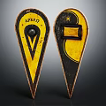 Two Yellow And Black Vintage Signs With APKED Lettering V Shape And Rectangle Design