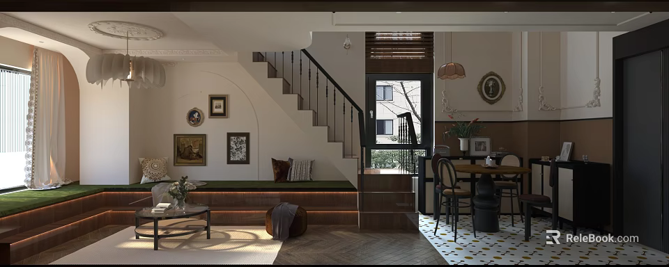 Cozy Restaurant Interior With Staircase Open Space Dining Table Chairs Decorative Paintings And Pendant Light 3d model 