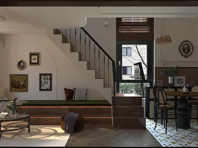 Cozy Restaurant Interior With Staircase Open Space Dining Table Chairs Decorative Paintings And Pendant Light 3d model