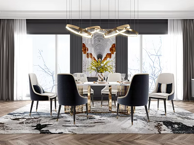 Elegant Modern Dining Table Set With Dark Blue Chairs Golden Chandelier Floral Centerpiece Patterned Rug 3d model