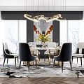 Elegant Modern Dining Table Set With Dark Blue Chairs Golden Chandelier Floral Centerpiece Patterned Rug