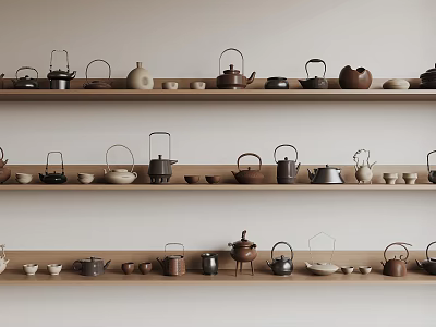 Neatly Arranged Tea Sets With Teapots And Teacups On Wooden Shelves Against Light Colored Walls 3d model