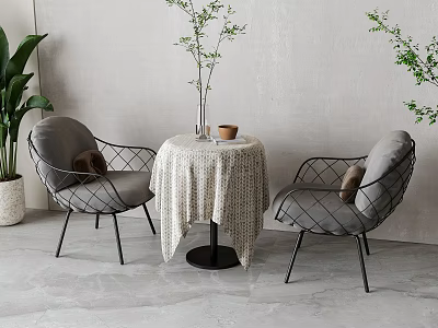 Round Table and Gray Cushioned Chairs with Black Metal Frames Tablecloth Vase Cup Green Plants 3d model