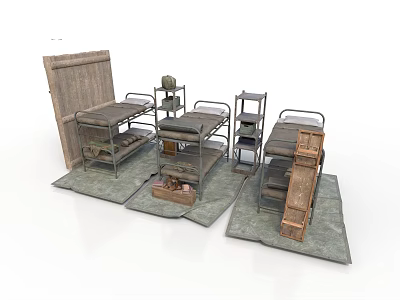 Modern Dormitory Setup With Metal Frame Bunk Beds Small Tables And Gray Mats 3d model