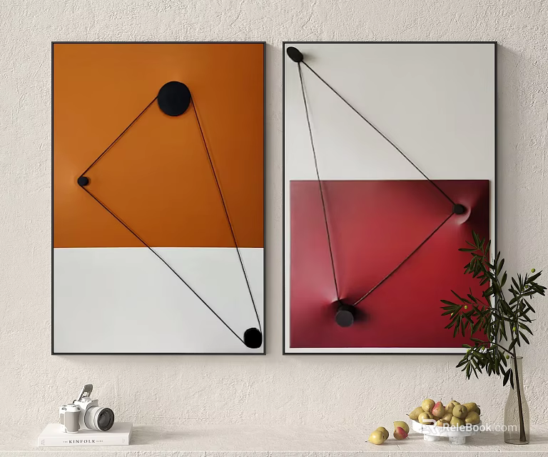 Abstract Geometric Wall Art With Orange Red White Sections Black Lines And Circles 3d model
