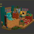 Cartoon Room Scene With Green Walls Bookshelf TV Colorful Bedspread And Wooden Floor