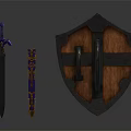 Medieval Sword With Purple Hilt Decorative Sheath And Wooden Shield With Metal Accents