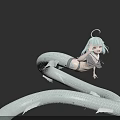 Woman With Light Blue Hair And White Snake Tail In Dark Background