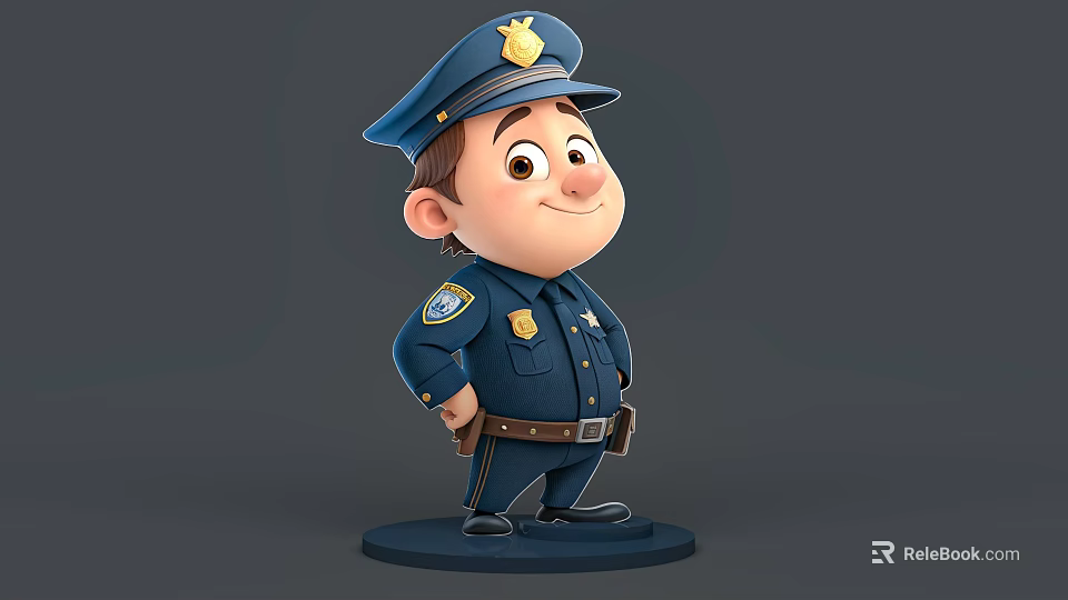 3D Cartoon Man as Police Officer in Blue Uniform with Badge Standing on Base 3d model 