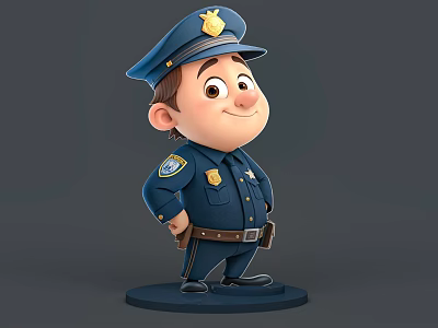 3D Cartoon Man as Police Officer in Blue Uniform with Badge Standing on Base 3d model