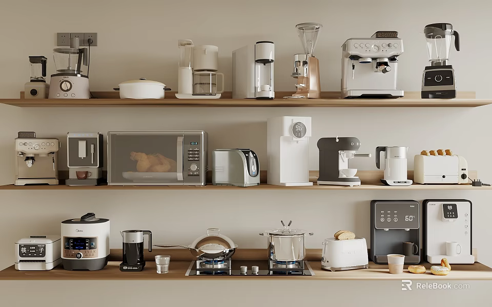 Various Kitchen Appliances Displayed On Shelves In Modern Kitchen With Coffee Maker And Toaster 3d model 