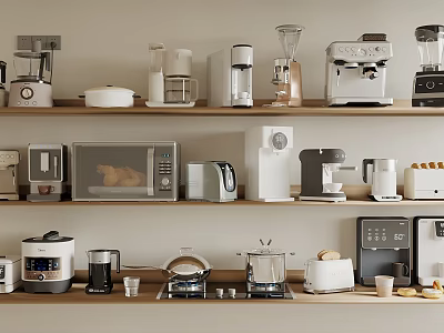 Various Kitchen Appliances Displayed On Shelves In Modern Kitchen With Coffee Maker And Toaster 3d model
