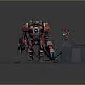 Small Character Standing On High Platform With Red Giant Mech In Sci Fi Setting 3d model