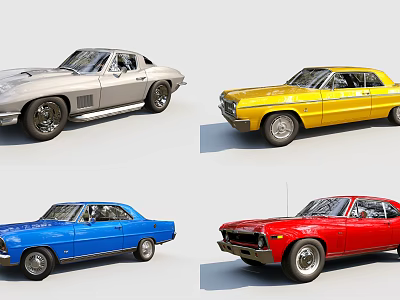 Classic Vintage Cars Collection Featuring Silver Yellow Blue And Red Models 3d model