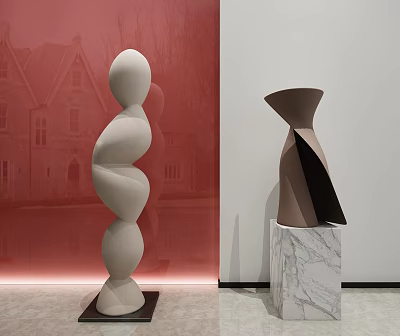 White Spiral And Brown Black Geometric Sculptures On Marble And Black Bases In Gallery 3d model