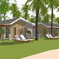 Beachfront Villas Surrounded by Palm Trees with Sun Loungers Boats and Ocean View