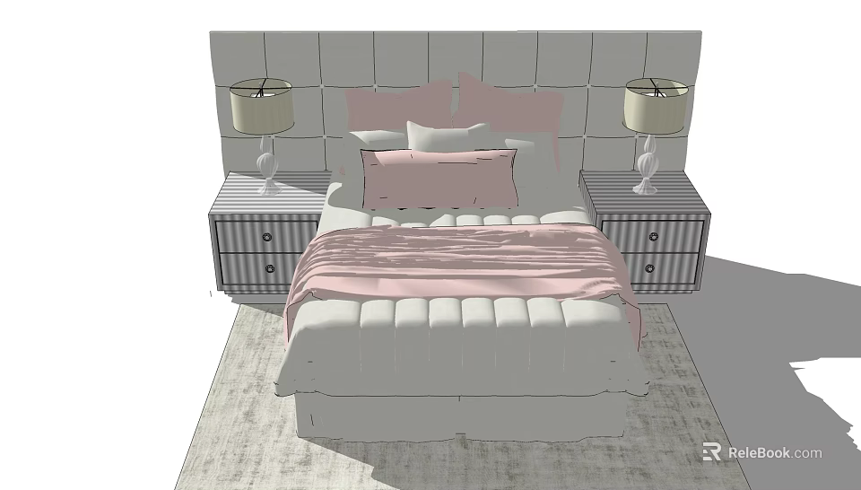Double Bed With Upholstered Headboard Pink Pillow White Quilt Nightstands Table Lamps And Rug 3d model 