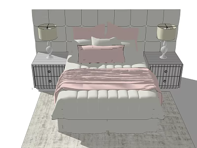 Double Bed With Upholstered Headboard Pink Pillow White Quilt Nightstands Table Lamps And Rug 3d model