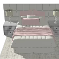 Double Bed With Upholstered Headboard Pink Pillow White Quilt Nightstands Table Lamps And Rug