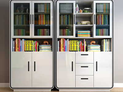 Modern White Bookcase Interior With Colorful Books Decorative Items And Glass Doors 3d model