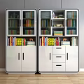 Modern White Bookcase Interior With Colorful Books Decorative Items And Glass Doors