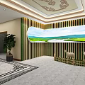 Traditional Hallway Interior With Round Ceiling Blue Patterned Ornament And Plants