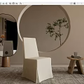 Beige Upholstered Modern Dining Chair In Minimalist Interior With Round Decor Oval Mirror Wooden Table