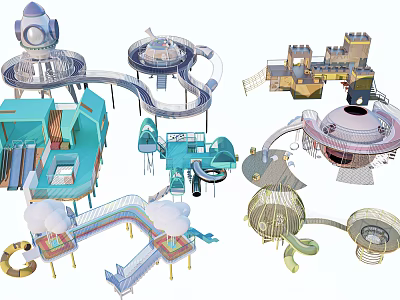 Diverse Playground Equipment Collection Including Slides Climbing Towers Castle Shapes And Rotary Play Facilities 3d model