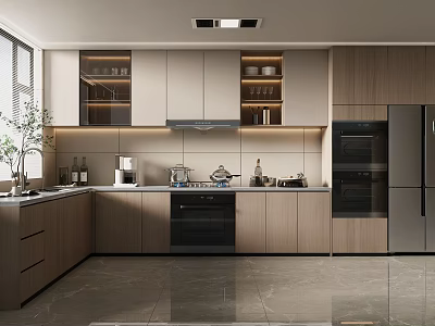 Modern Kitchen Interior Design With Wooden Cabinets Countertop Appliances And Lighting 3d model