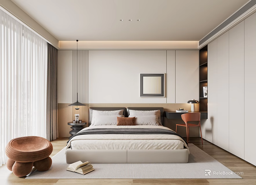 Modern Bedroom Interior Design With Bed Nightstand Lamp Wall Art Curtains Rug And Ottoman 3d model 