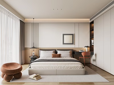 Modern Bedroom Interior Design With Bed Nightstand Lamp Wall Art Curtains Rug And Ottoman 3d model