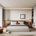 Modern Bedroom Interior Design With Bed Nightstand Lamp Wall Art Curtains Rug And Ottoman
