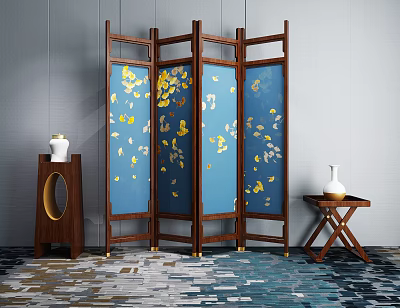 New Chinese Screen Ginkgo Leaf Folding Four Rosewood Screen 3d model