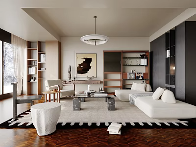 Modern Living Room Interior Design With White Sofa Coffee Table Bookshelves And Pendant Light 3d model