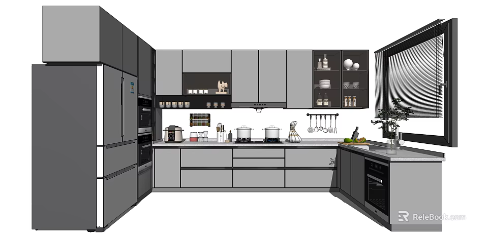 Modern Kitchen Interior With Gray Cabinets Countertop Sink Appliances And Cookware 3d model 